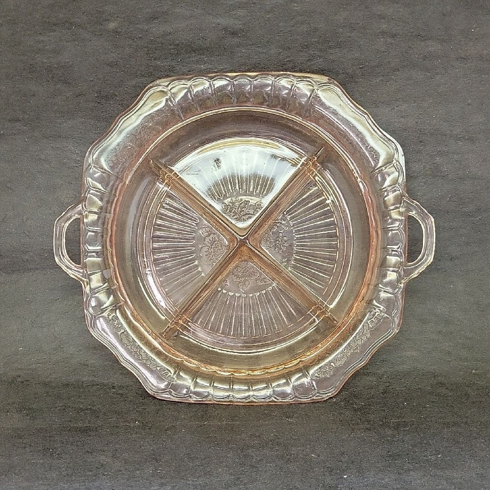 Mayfair Open Rose Pink Depression Glass Divided Bowl 2-Handled 10”